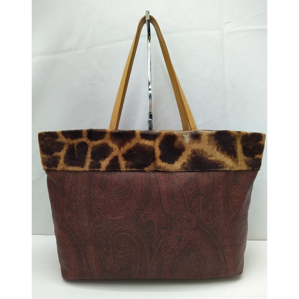 ETRO Milano Multicolor Leather Trim Paisley-Print Fur Detail Tote Bag